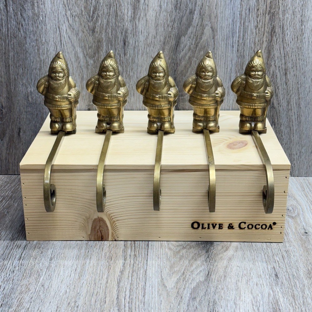 Lot of  5 Vintage Christmas Solid Brass Long Arm Santa Stocking Holders